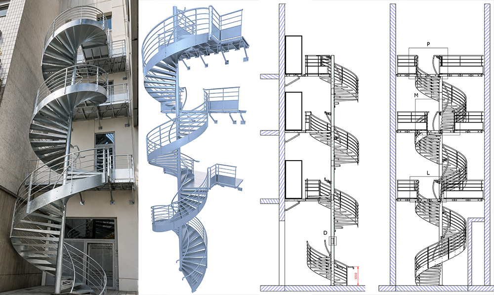 plan coupe et 3d escalier hélicoidal